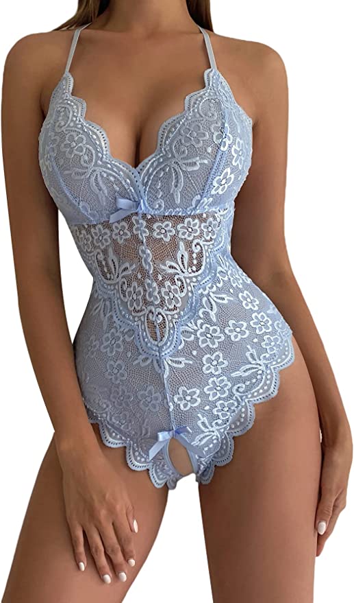 Soly Hux Floral Lace Scalloped Trim Criss Cross Back Lingerie Bodysuit