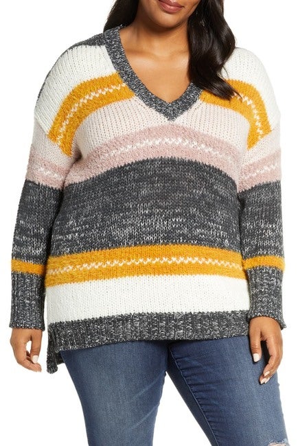 Caslon + Mixed Stripe V-neck Pullover