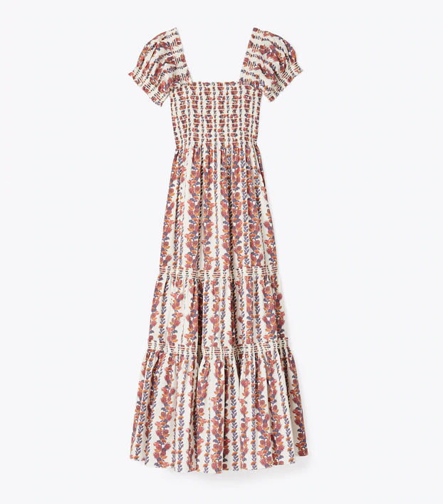 Tory Burch + Printed Smocked Midi Dress