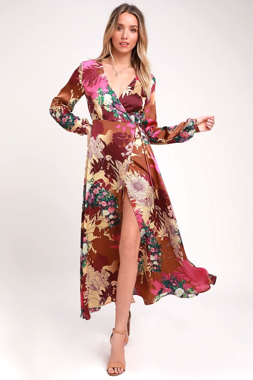 Lulus Floral Print Satin Wrap Maxi Dress