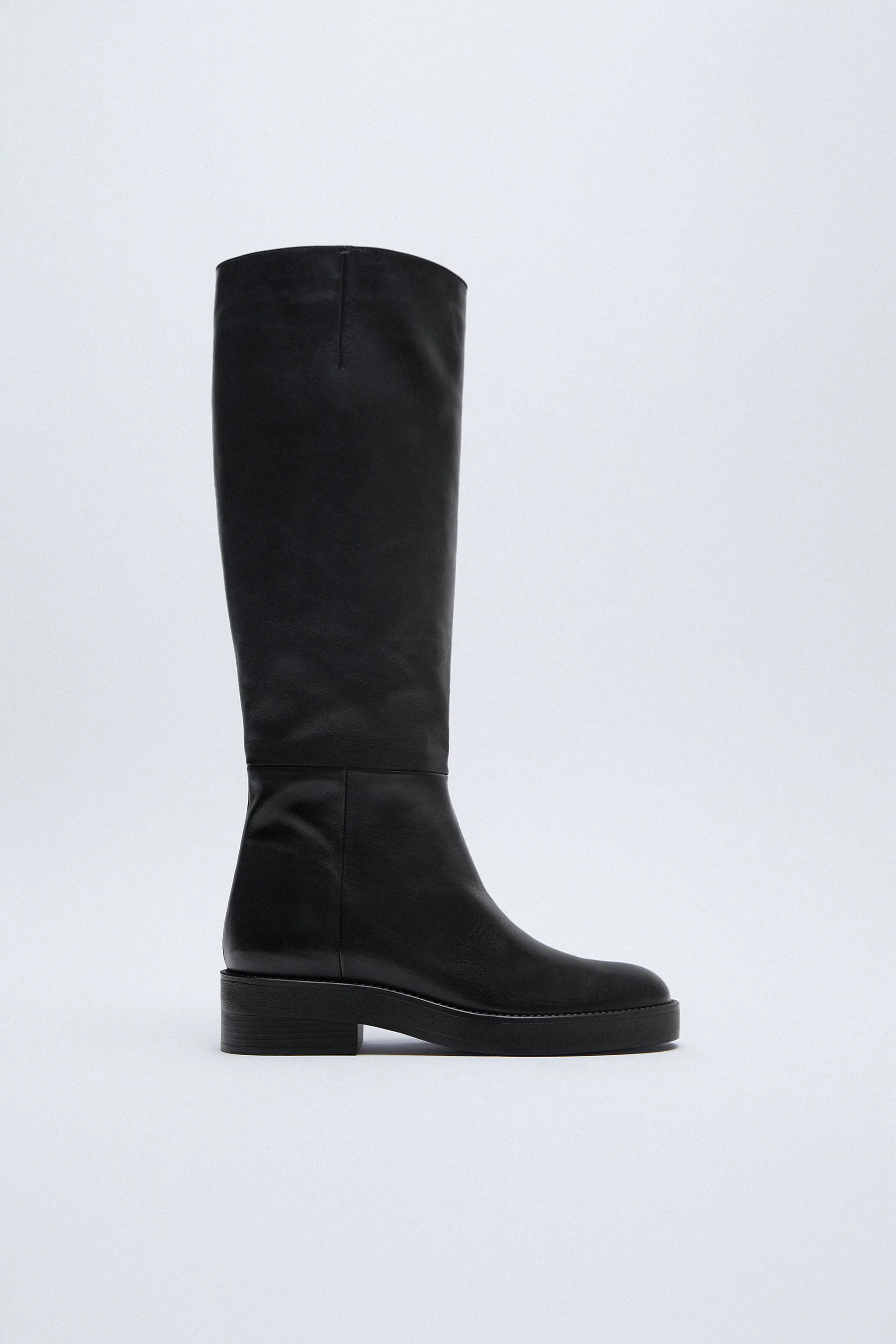Zara + Low-Heeled Leather Tall Boots