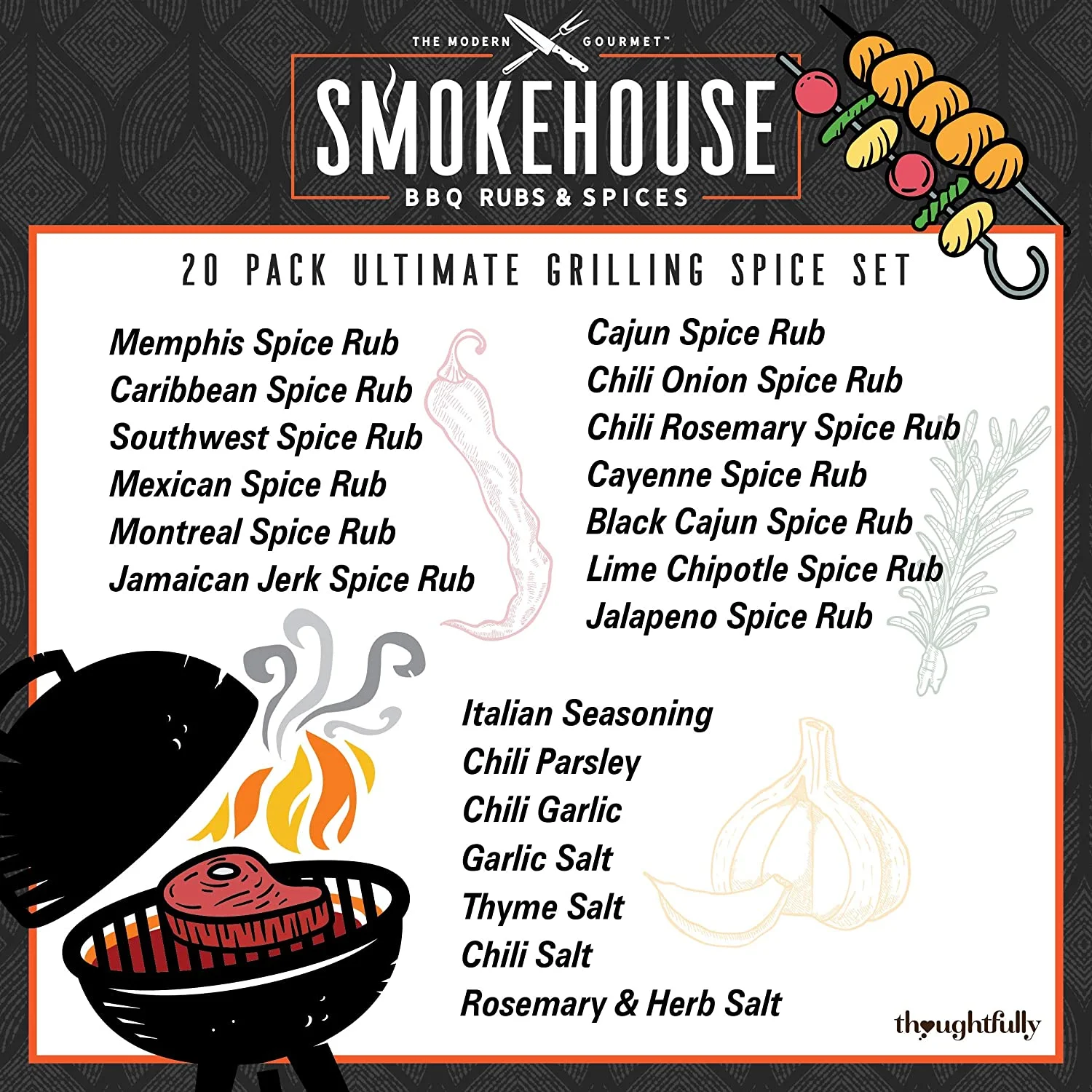 Smokehouse by Thoughtfully Ultimate Grilling Spice Set, Grill Seasoning  Gift Set Flavors Include Chili Garlic, Rosemary and Herb, Lime Chipotle,  Cajun Seasoning and More, Pack of 20 