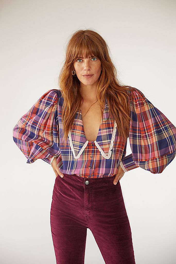 Free People, Tops, Free People Downtown Romance Embellished Plaid Shirt