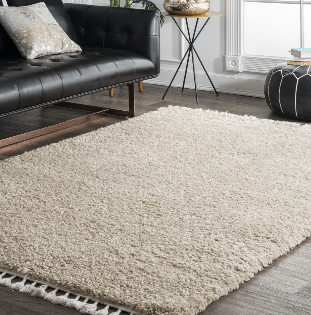 Rugs USA + Beige Solid Shag With Tassels Area Rug