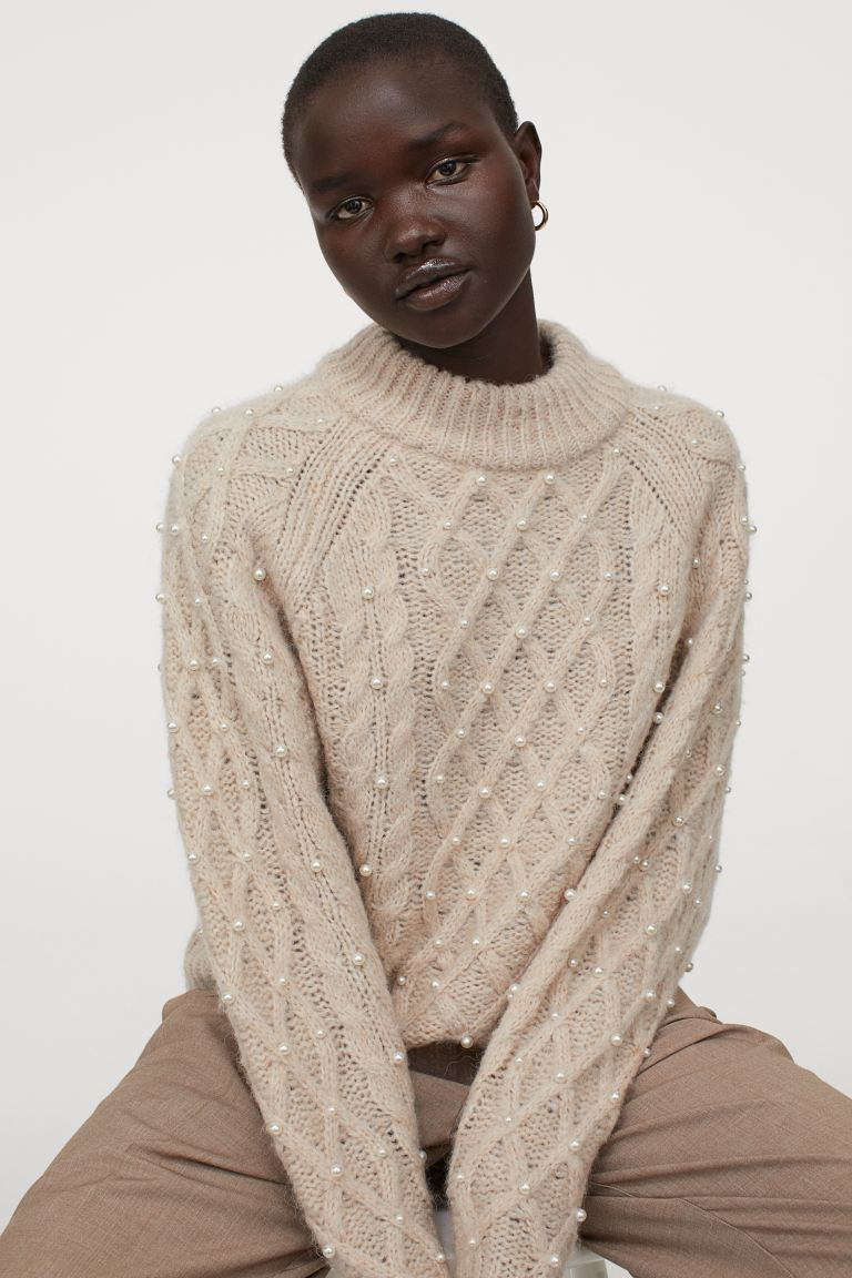 beaded long sleeve cable knit sweater