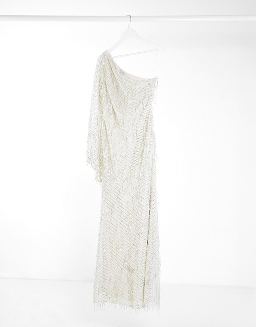 Goddiva + Fringe Sequin One-Shoulder Maxi Dress