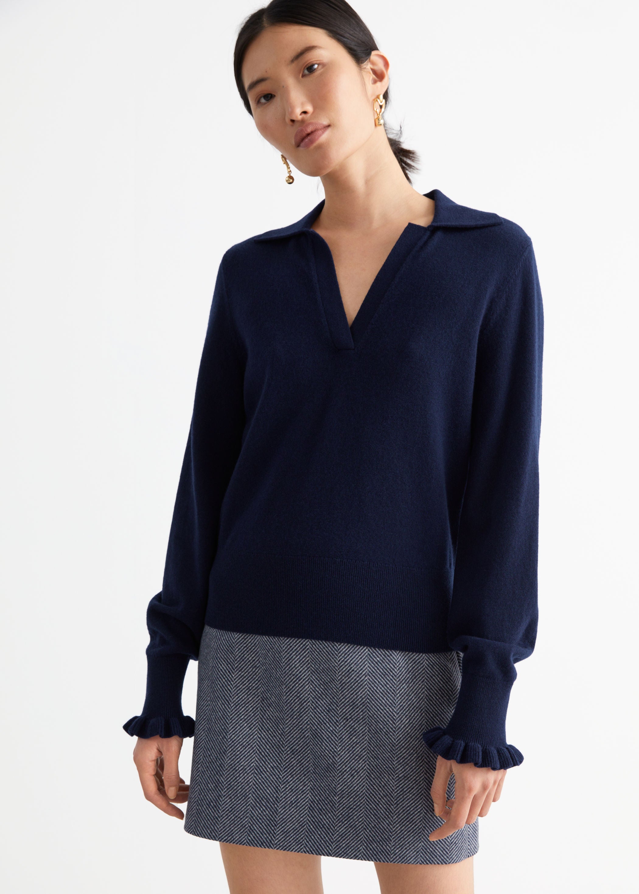 ruffled wool knit polo sweater