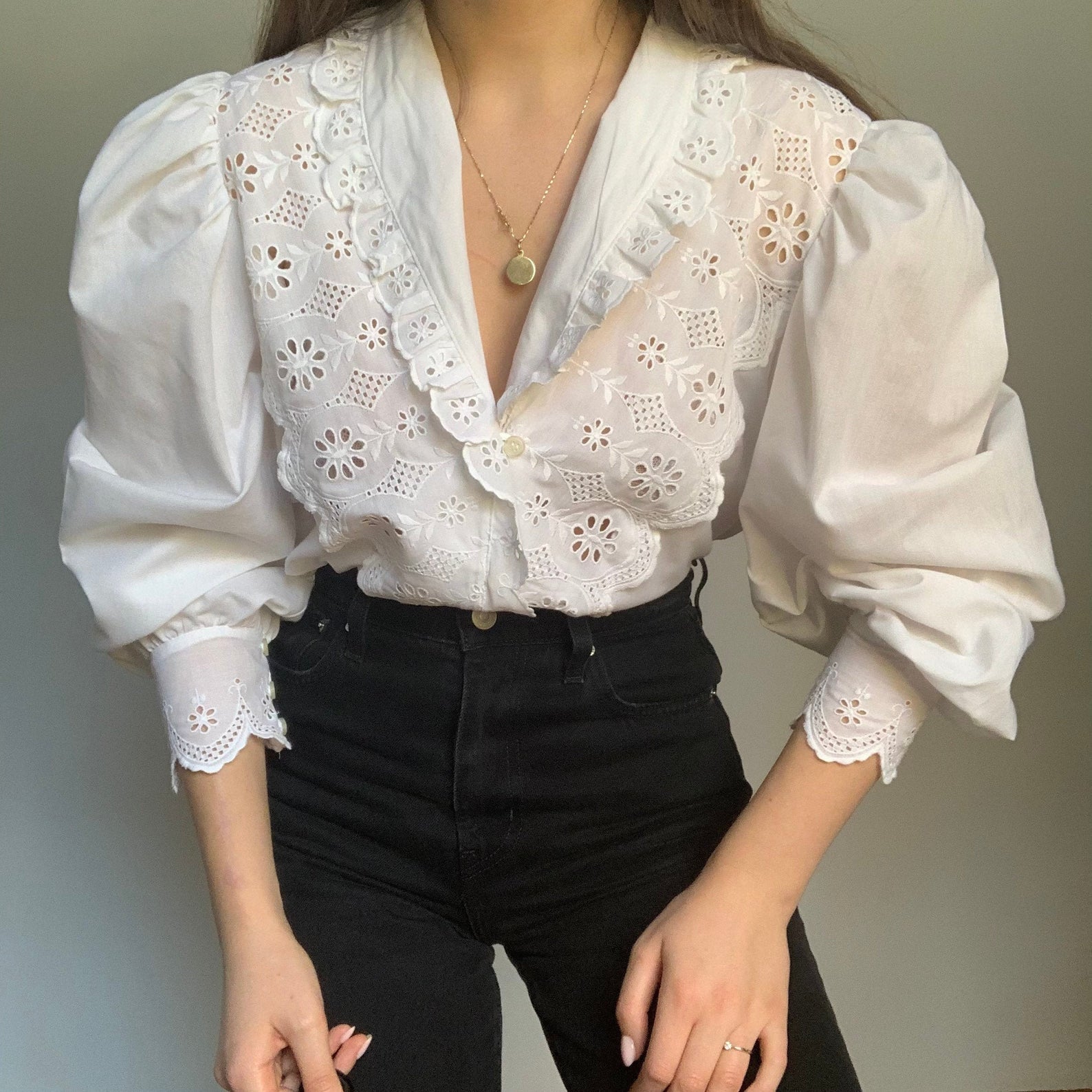 Asecondheart Vintage White Blouse With Embroidered Collar