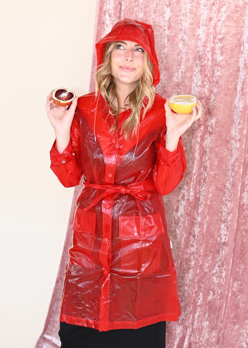 Red transparent raincoat on sale