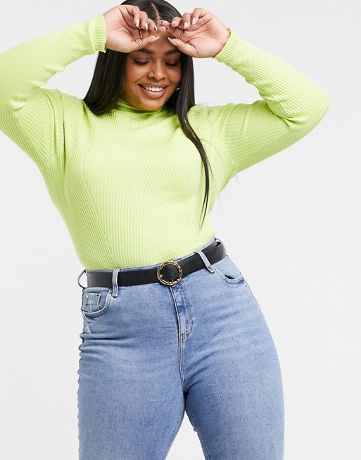 Urban Bliss Plus + Jersey Ribbed High Neck Jumper in Lime Green