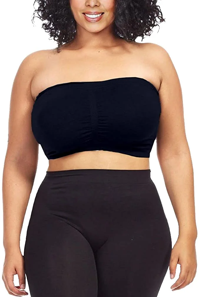 Women's Combo Pack One Size Strapless Base Bra Layer Bandeau Seamless Tube  Top Regular and Plus Sizes Pack of 3 (One Size 2-8, Black-Navy-DkGray)