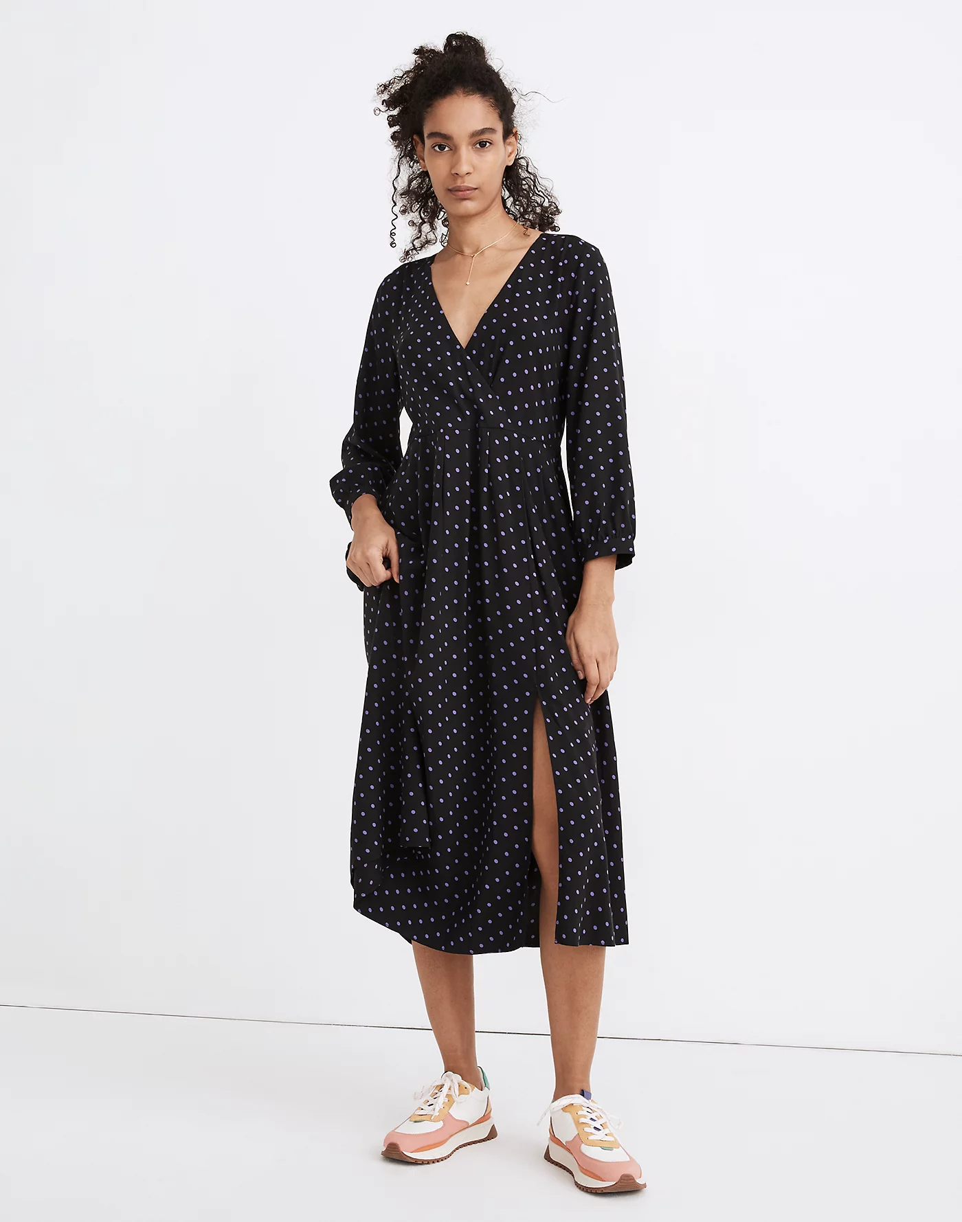 Madewell + Faux-Wrap Midi Dress in Polka Dot