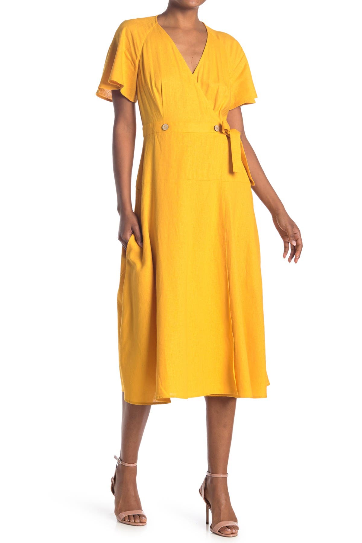 Donna Morgan + Short Flutter Sleeve Linen Midi Dress