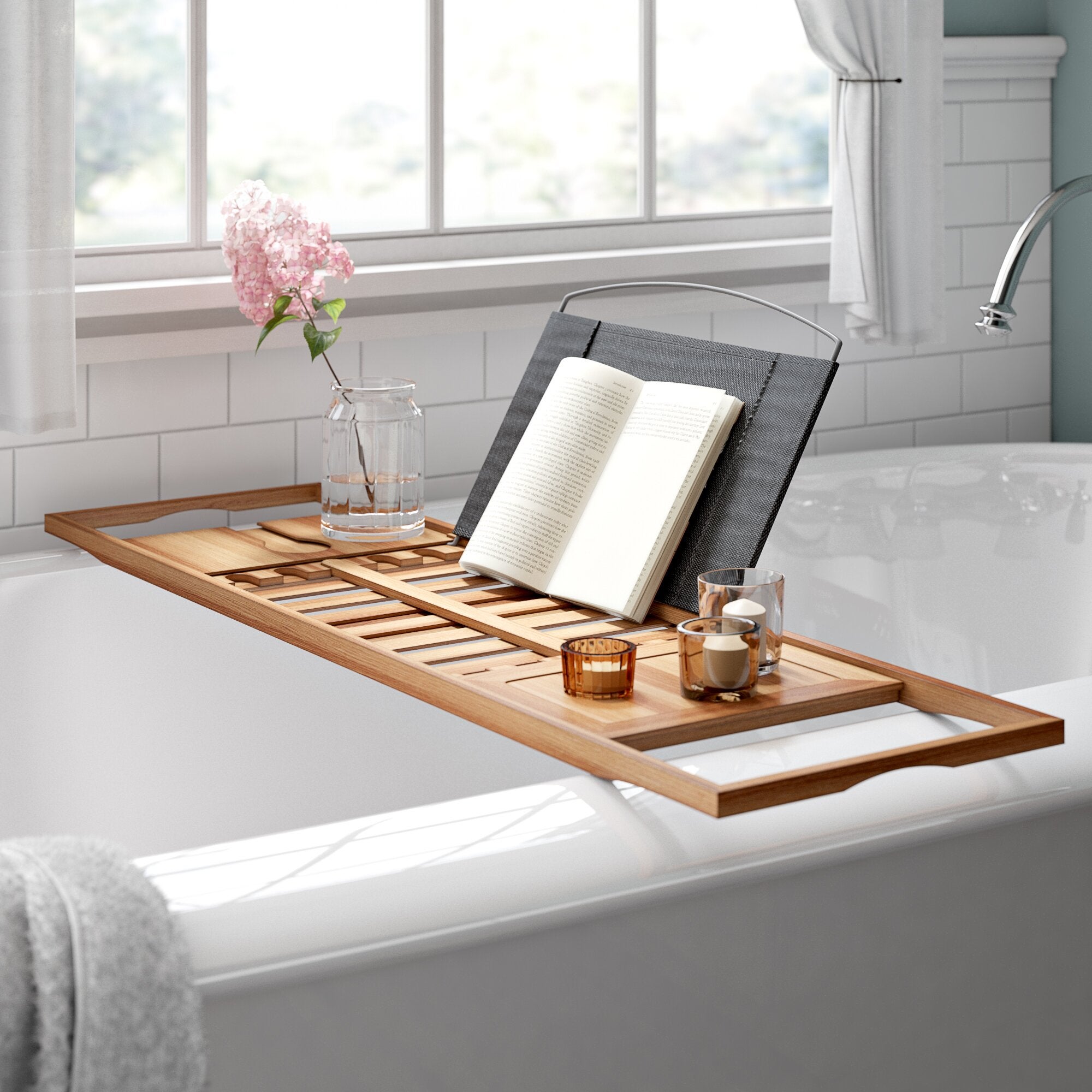  3-in-1 Premium Bathtub Caddy, Laptop Desk & Bed Tray with  Extendable Arms and Adjustable Legs - Includes a Free Soap Dish, Two Spa  Trays and Tablet/Wine Glass/Candle/Phone Holders - Natural Bamboo 
