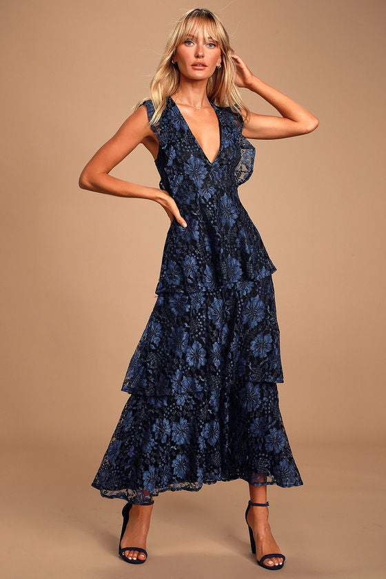 Pretty Blue Floral Dress - Maxi Dress - Surplice Ruffled Dress - Lulus
