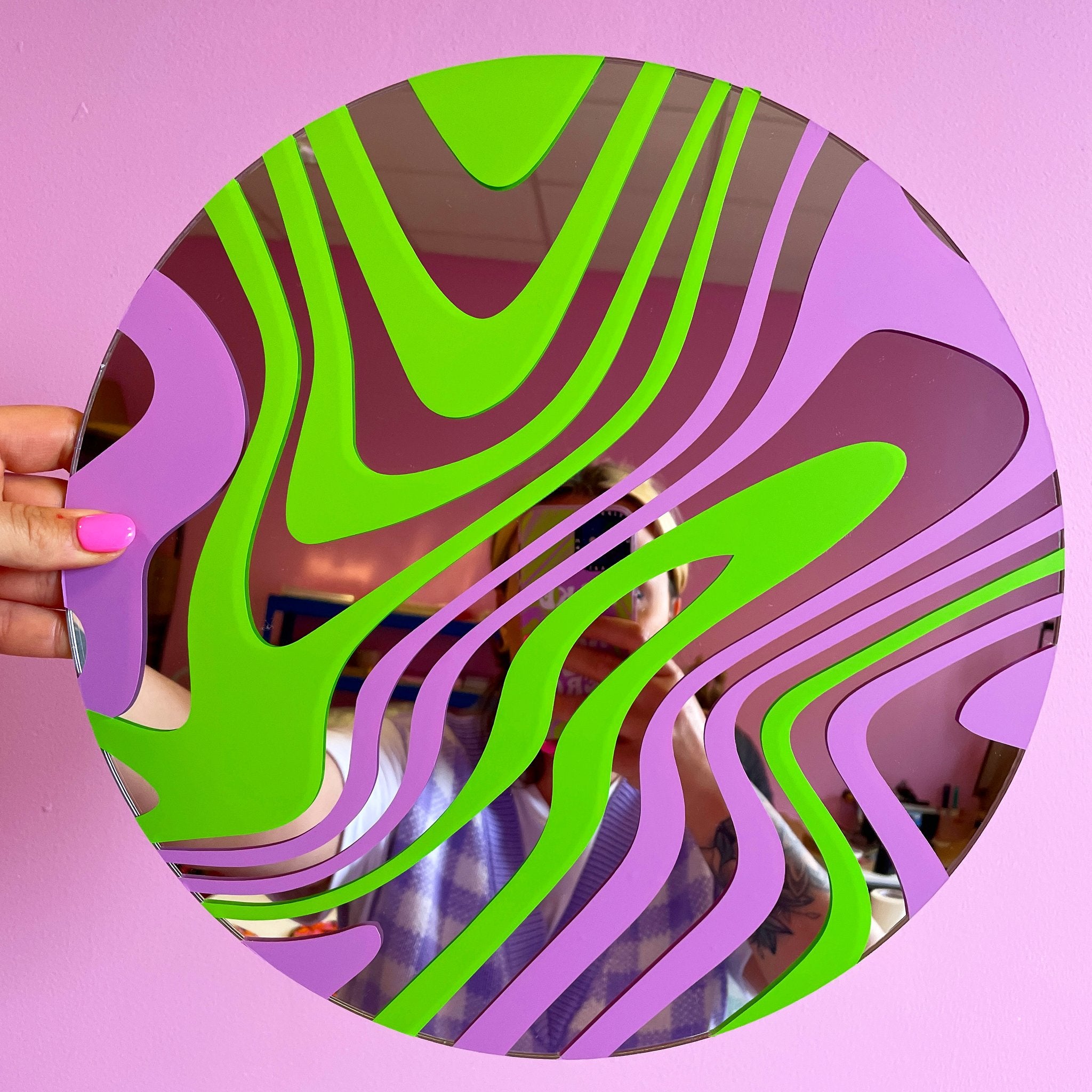 Printed Weird + Circle Marbling Mirror – Lilac & Green