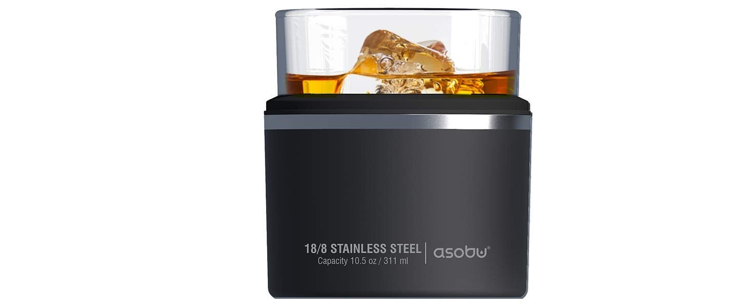 asobu Whiskey Glass with Insulated Stainless Steel Sleeve, 10.5 ounces  (Black)