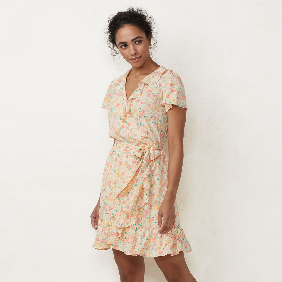 LC Lauren Conrad + Ruffle-Neck Flutter-Sleeve Wrap Dress
