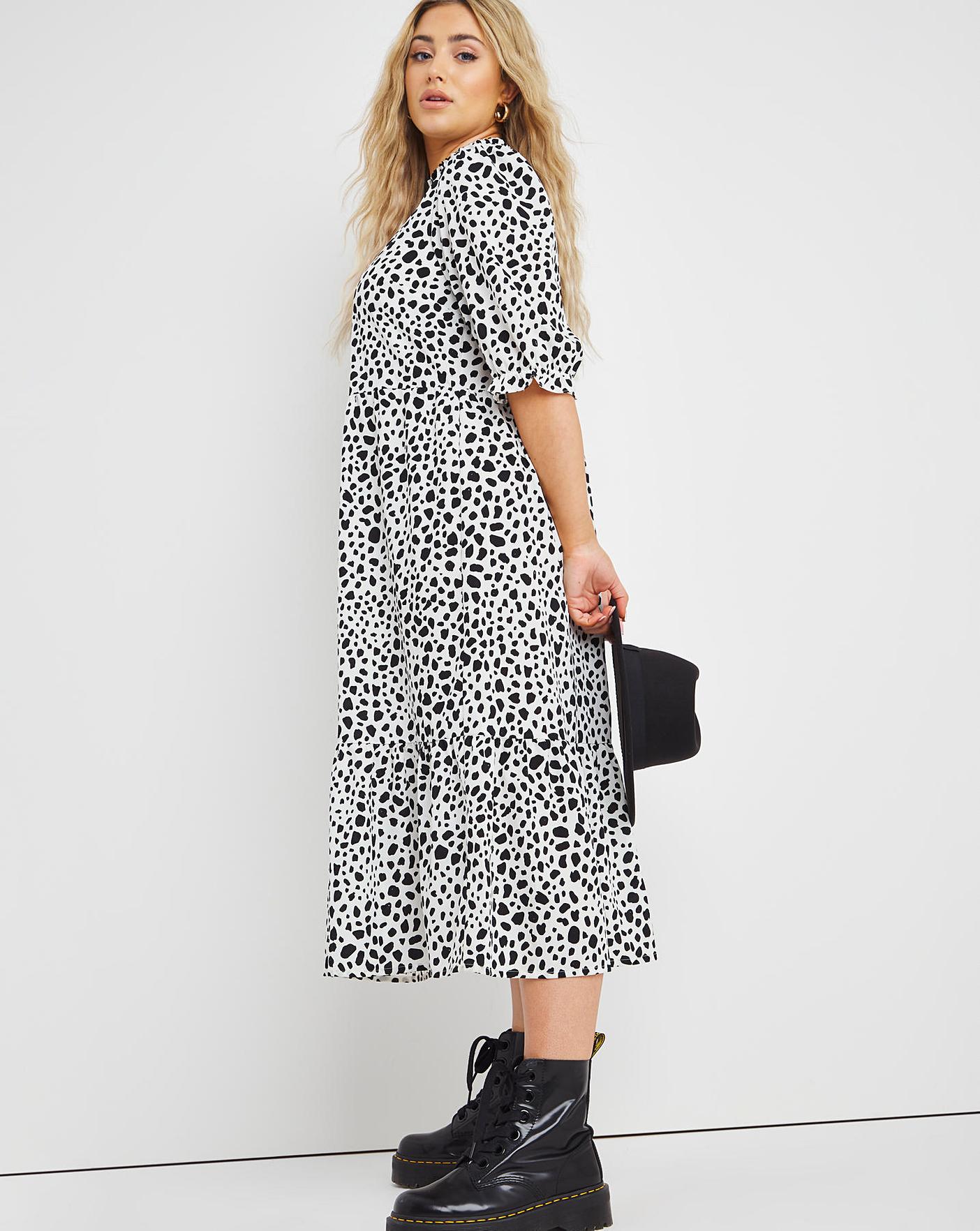 Simply Be + Mono Spot Midi Dress with Frill Neck