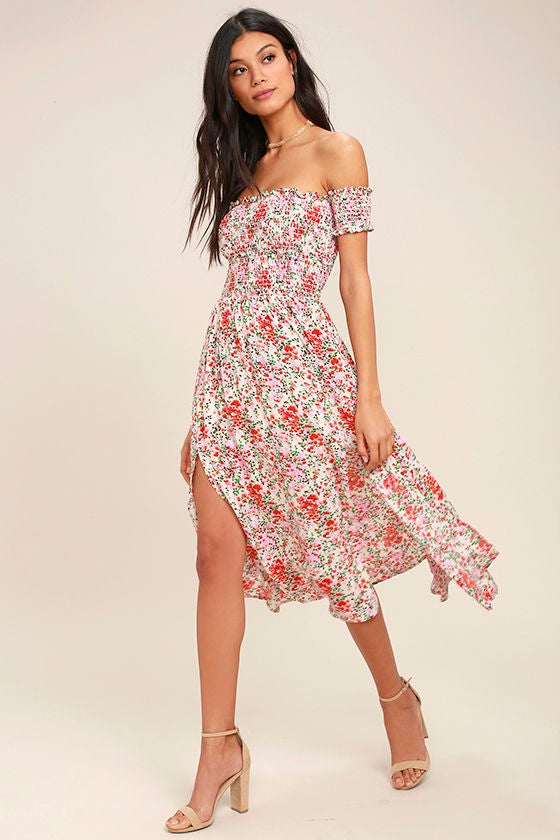 Lulus + View from the Meadow Cream Floral Print Off-the-Shoulder Dress
