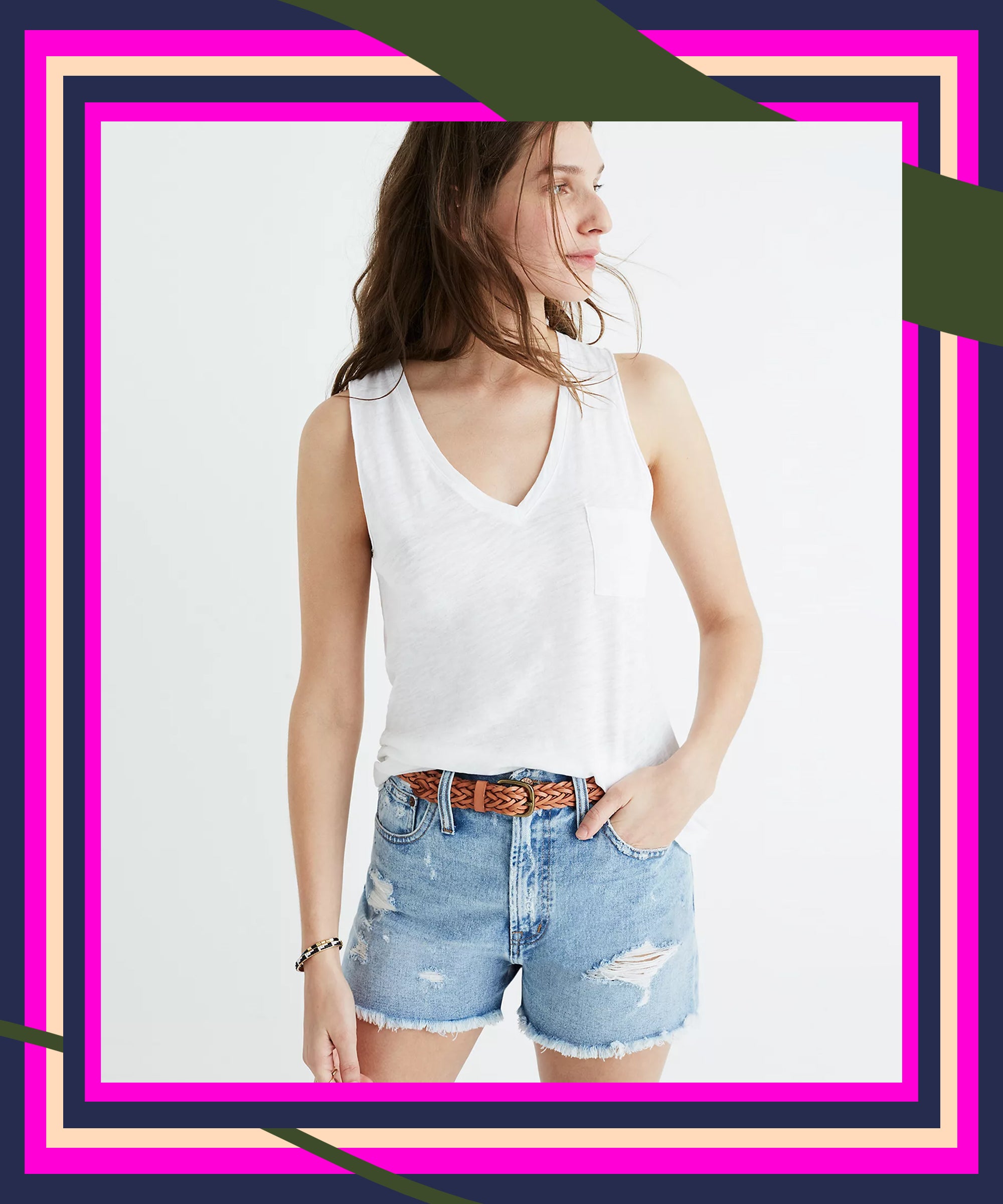 white satin sleeveless top and mom jeans