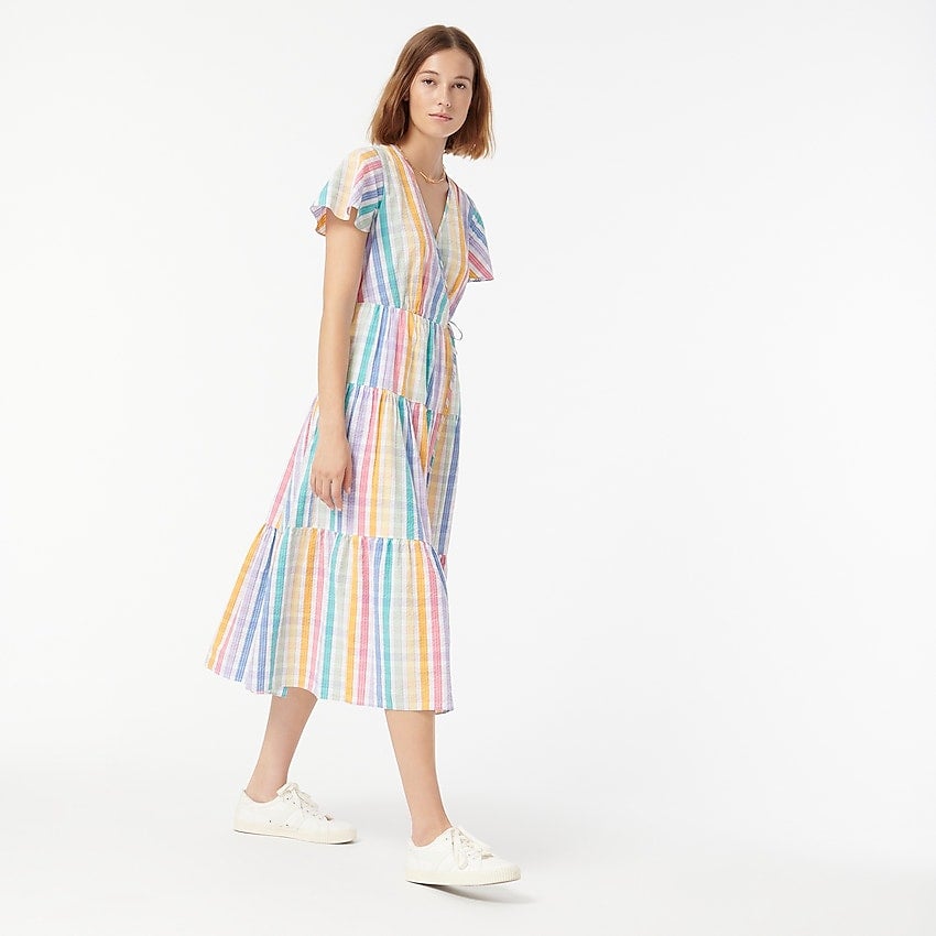 J.Crew + Faux-wrap dress in rainbow gingham