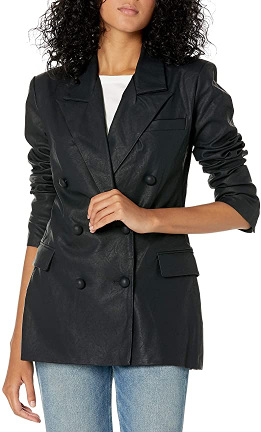 [BLANKYNYC] + Womens Double Breasted Long Vegan Leather Blazer