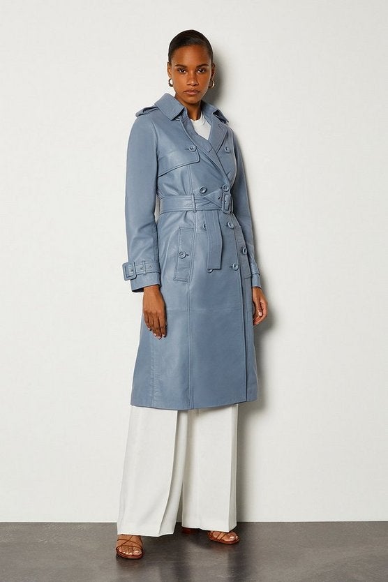 Blue leather hot sale trench coat