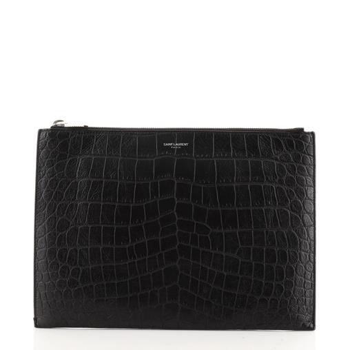 Saint Laurent + Zip Pouch Crocodile Embossed Leather Medium