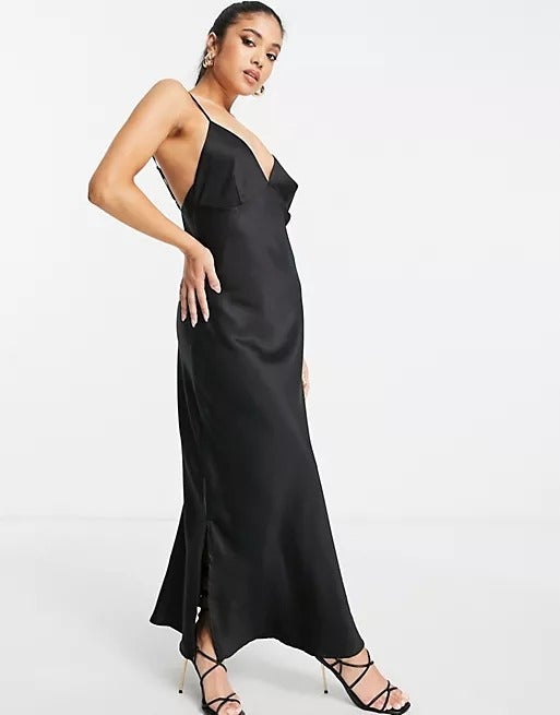 Vero Moda Petite + Satin slip midi dress in black