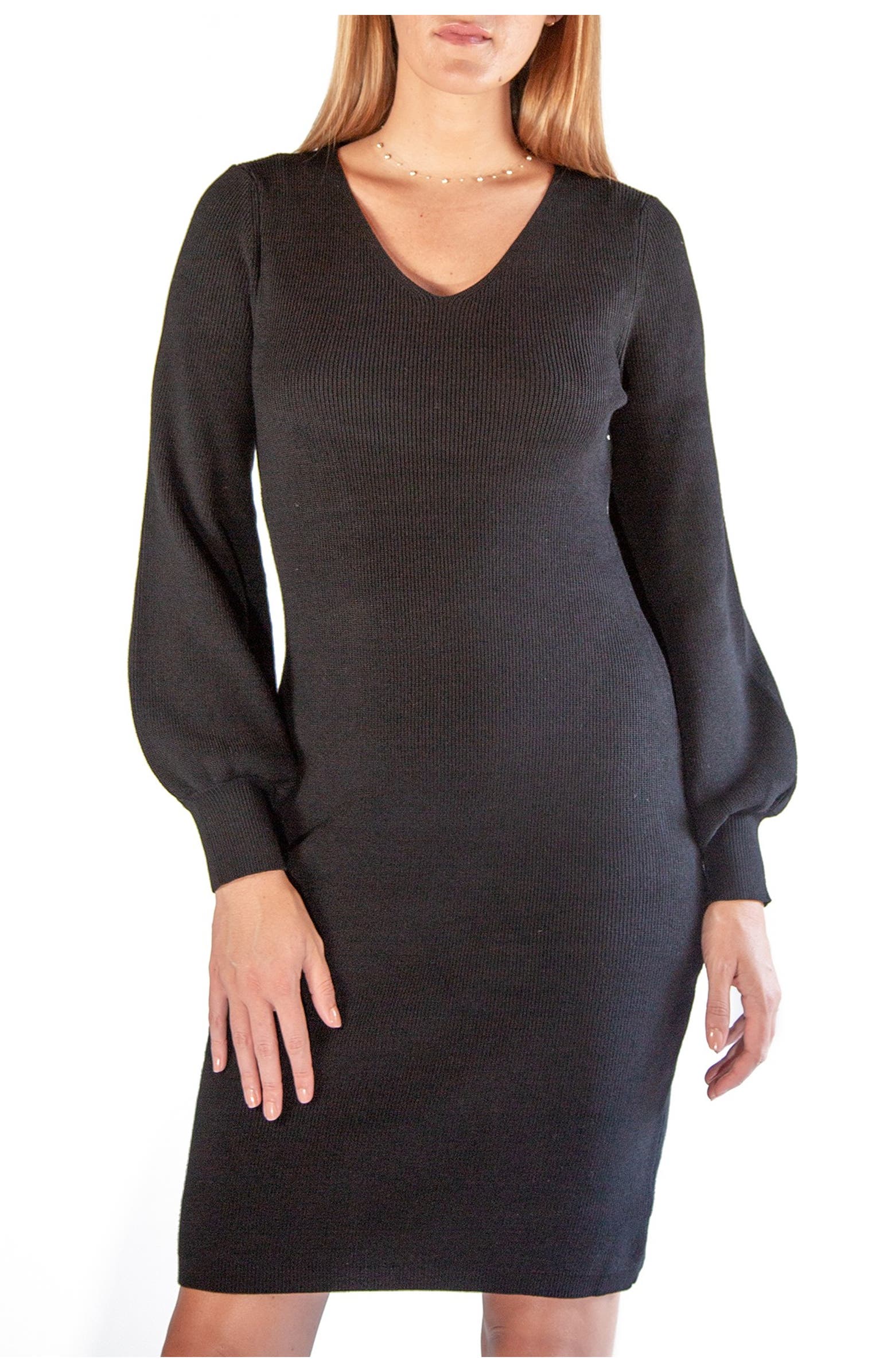 Nina Leonard + V-Neck Balloon Sleeve Sweater Dress