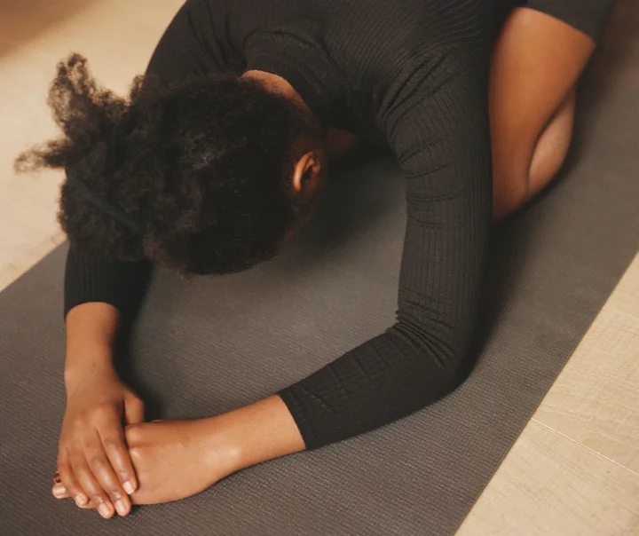 Happy Black Woman Plus Size Practicing Yoga Stock Photo, Picture