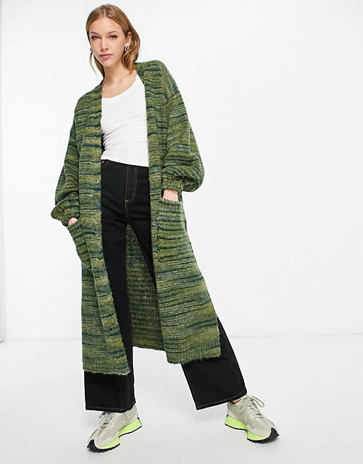 Topshop + Knitted Space Dye Maxi Cardi In Green