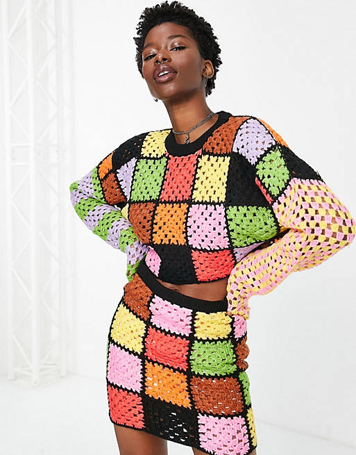 The Ragged Priest + Oversized Cropped Jumper In Rainbow Crochet Patchwork  Co-Ord