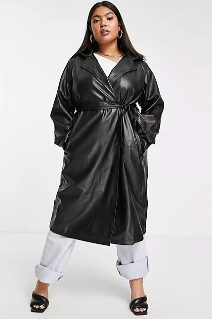 Threadbare Plus + Acorn PU belted trench coat with hood in black