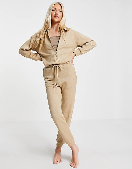 Steal Cheat + Collared Zip Up Lounge Jumpsuit In Oatmeal