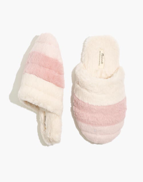 colorblock quilted scuff slippers in recycled faux fur