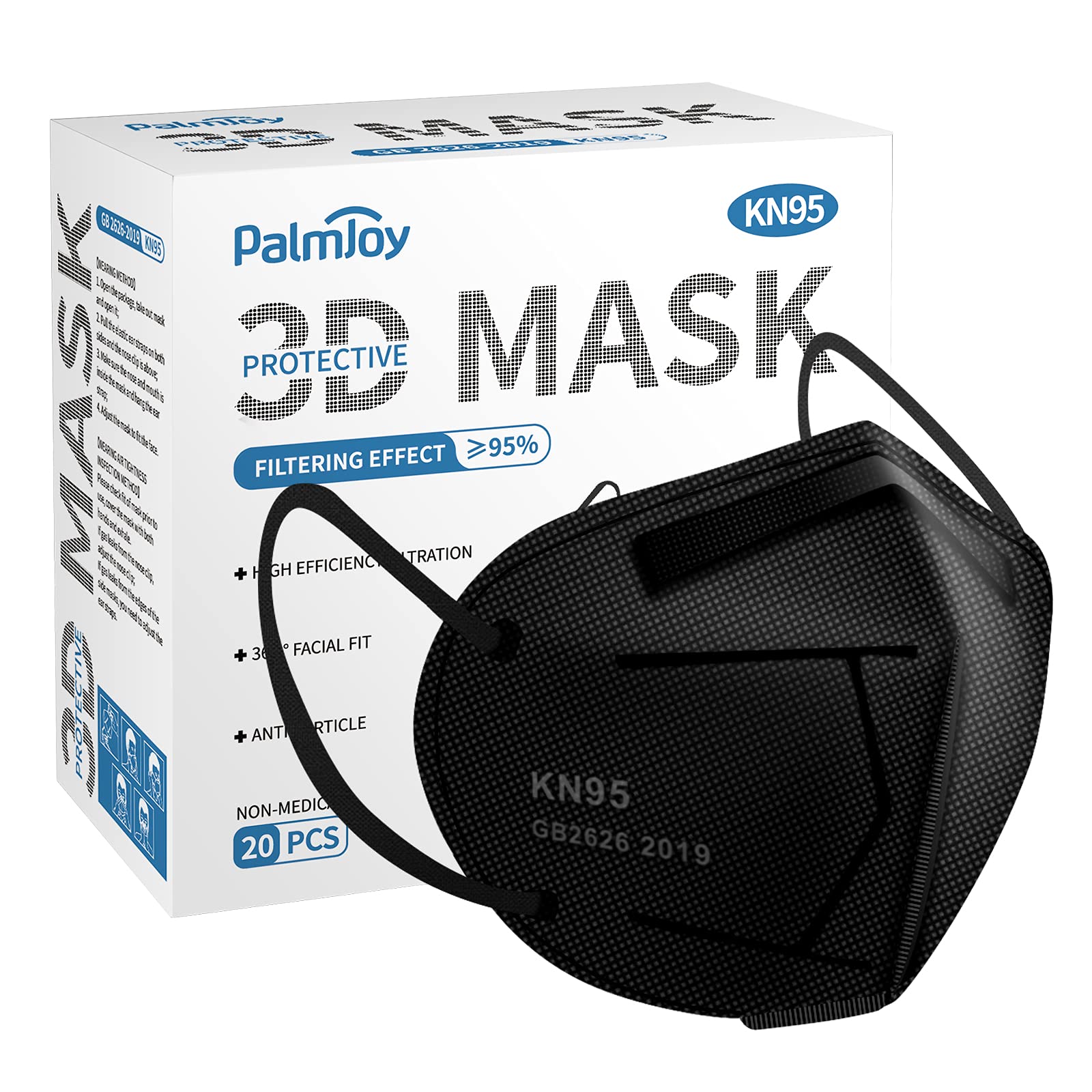 PalmJoy + 20 Pack Black K95 Disposable Face Mask