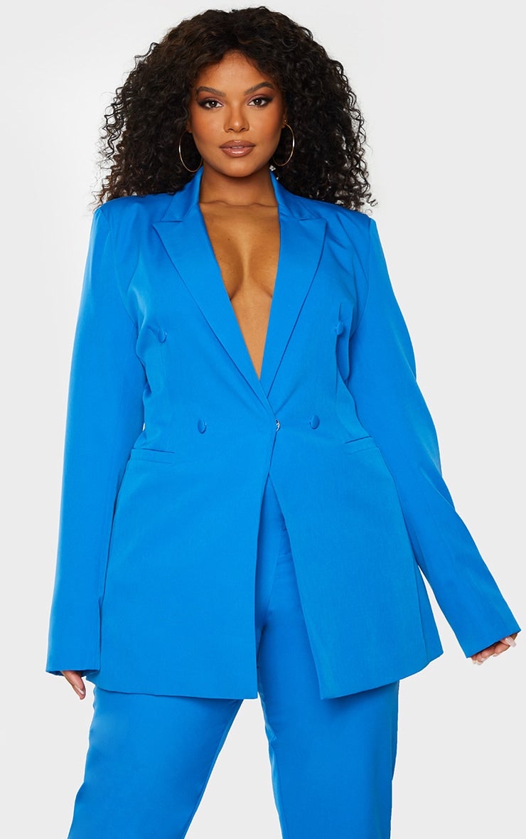 PrettyLittleThing + Plus Blue Double Breasted Woven Blazer