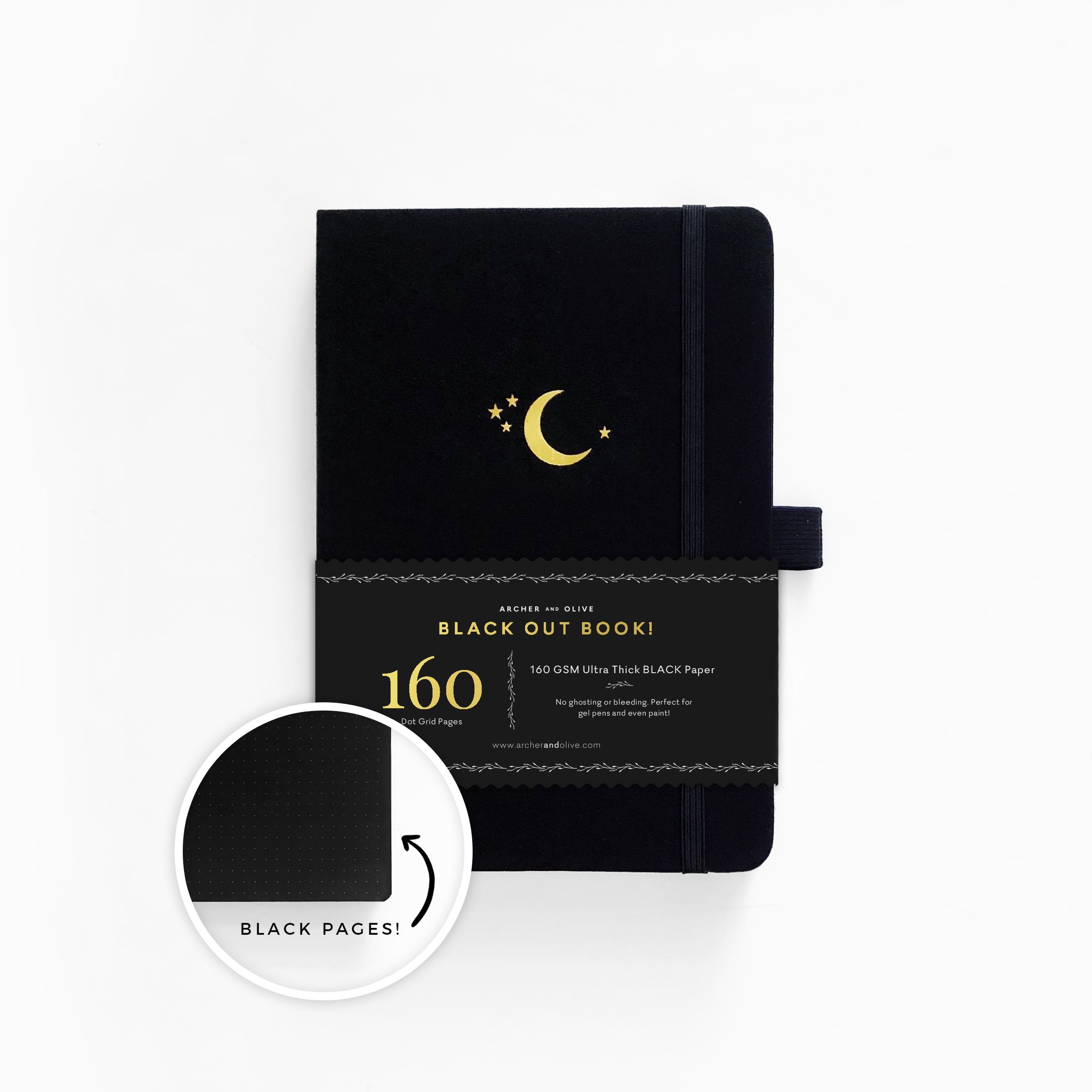 Archer and Olive + A5 Crescent Moon With Gold Edges Blackout Dot Grid  Notebook