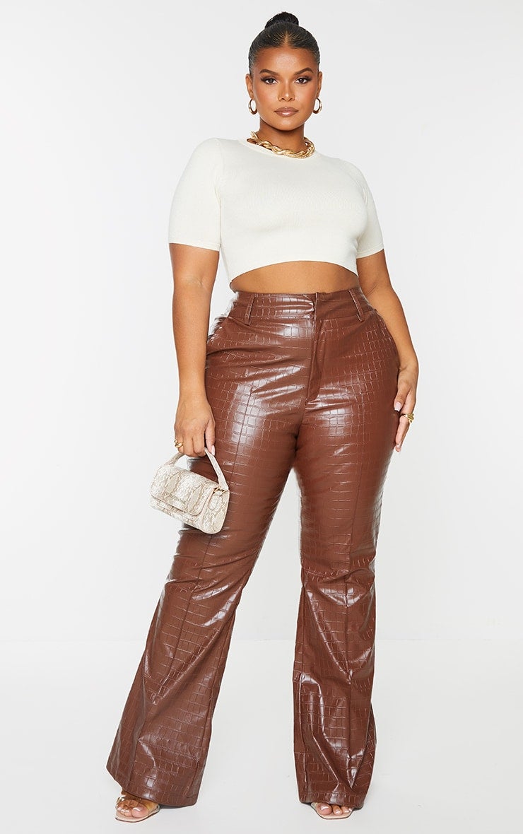 Pretty Little Thing + Plus Brown Faux Leather Croc Embosed Flare Pants