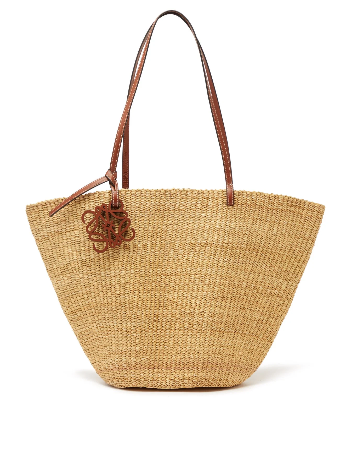 Beige Anagram leather-trimmed raffia basket bag, LOEWE