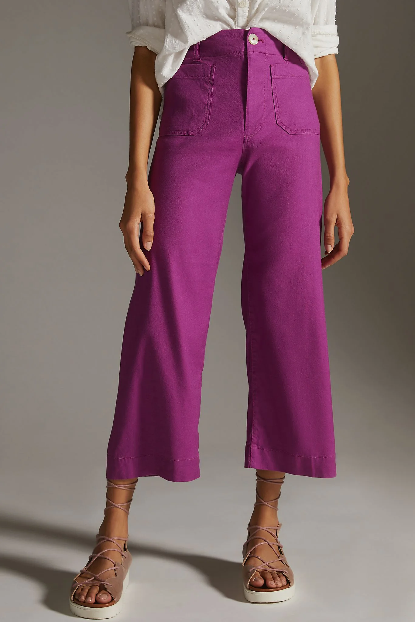 Idra Anthropologie Womens Purple Linen Embellished Wide Leg Pants