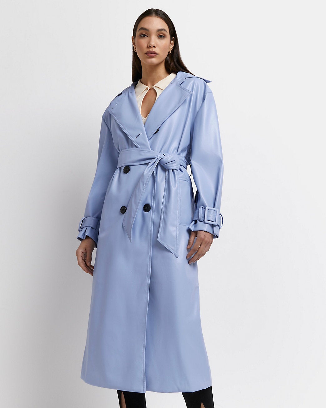 River Island + Blue Faux Leather Oversized Trench Coat