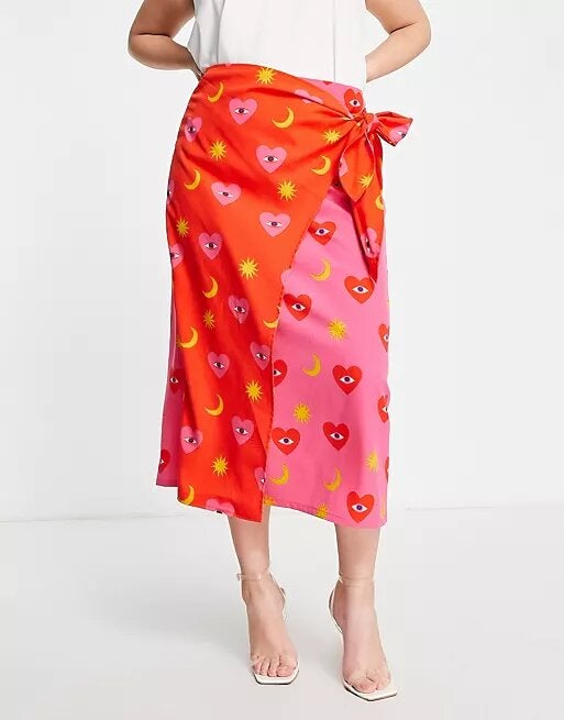 Never Fully Dressed Plus + Contrast Wrap Midi Skirt In Pink And Red