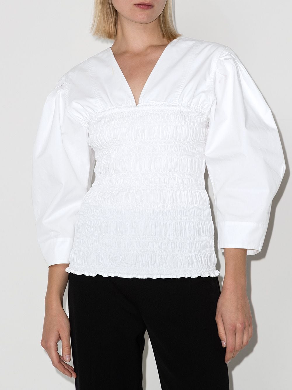 Ganni Smocked V Neck Poplin Blouse 