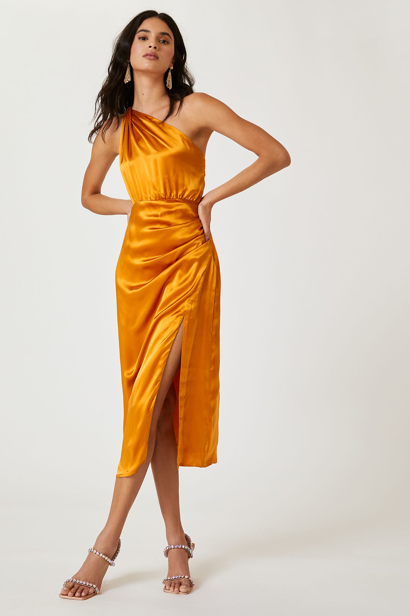 one shoulder satin dress