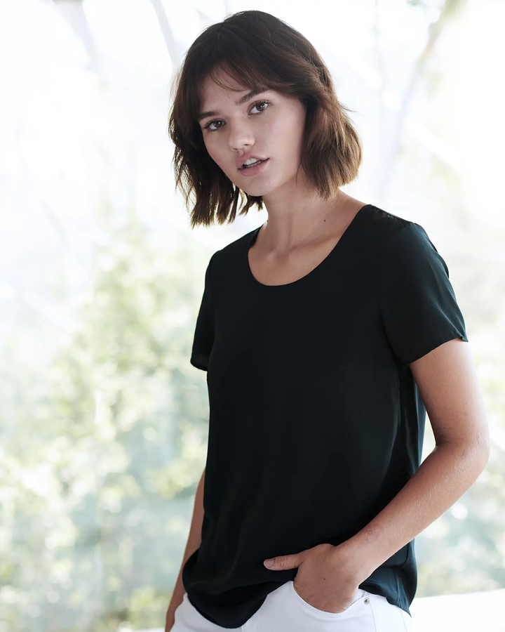 Contemporary Black Silk Short Sleeve Pocket T Shirt Top Blouse 