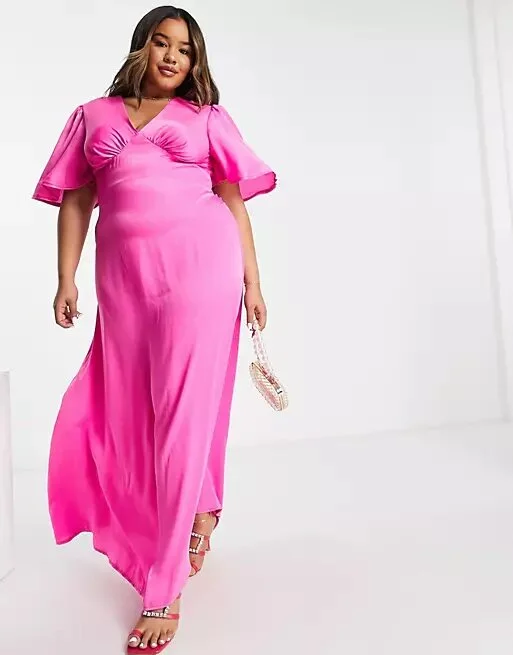 Flounce London Plus + Flutter Sleeve Maxi Dress With Plunge Front