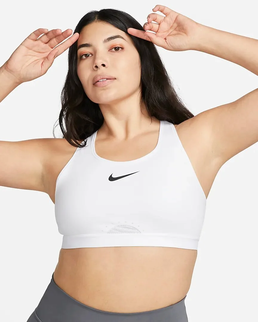 Nike Air Dri-FIT Swoosh Mock Zip Sports Bra in White/White/Black